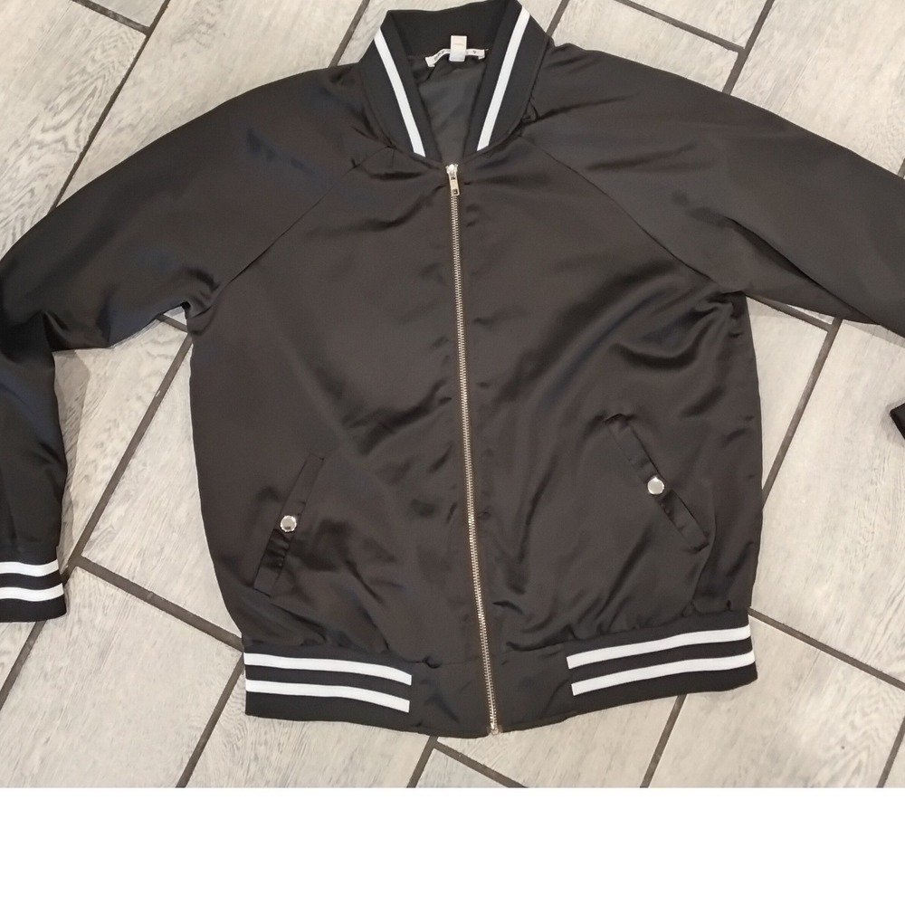 Say What? Womens Black Satin Varsity Bomber Jacket Size Large White Stripes